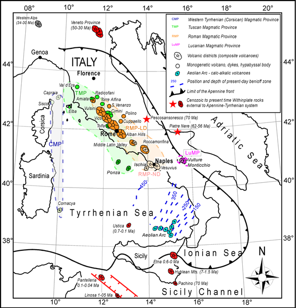 Distribution of ultrapotassic and related volcanic and sub-volcanic rocks in Italy and surroundings