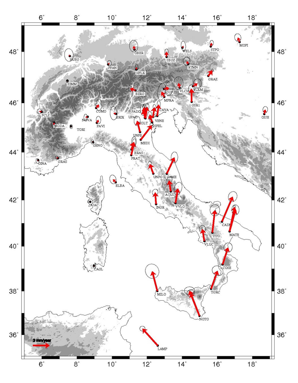 GPS velocities relative to Eurasia of continuous stations in Italy.