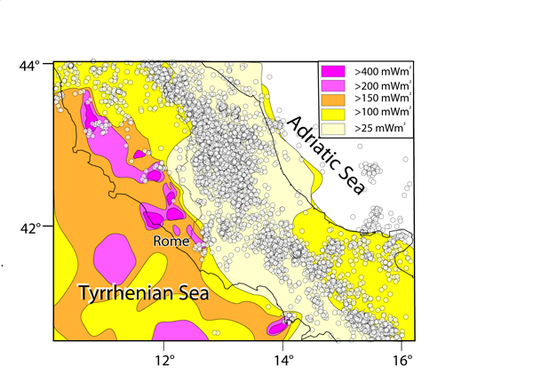 Heat flow and seismicity in Central Italy.