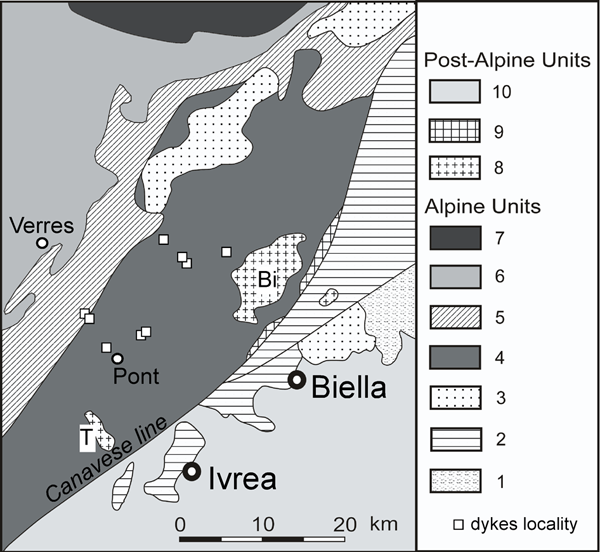 Distribution of Oligocene ultrapotassic dykes and related sub-volcanic bodies in Western Alps.