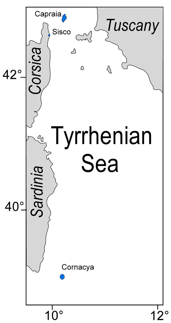 Distribution of Miocene ultrapotassic igneous rocks (dykes and volcanic rocks) and associated shoshonites and calc-alkaline rocks from western Tyrrhenian Sea (Corsica Magmatic Province)