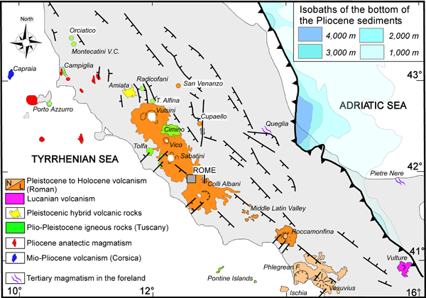 Distribution of Plio-Pleistocene ultrapotassic igneous rocks and associated shoshonites and calc-alkaline rocks from Eastern Tyrrhenian Sea and Italian Peninsula (Tuscan, Roman and Lucanian Magmatic Provinces)