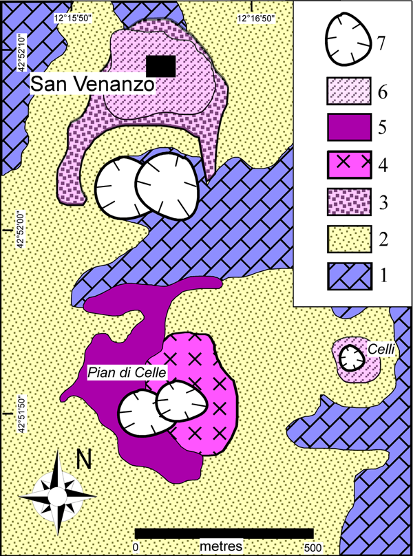 Geological sketch map of the San Venanzo volcanic field (Roman Magmatic Province).