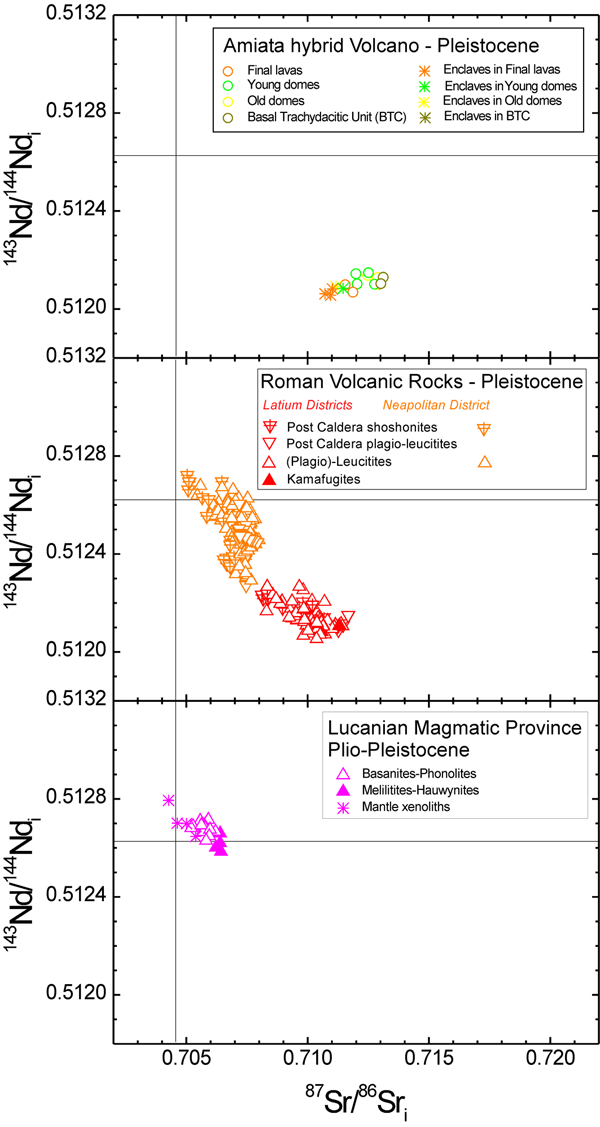 Nd-Sr isotopic variations for the Amiata Volcano, Roman and Lucanian Magmatic provinces.