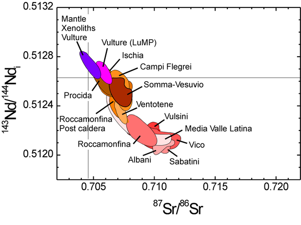 Nd-Sr isotopic variations for the Roman Magmatic Provinces with fields for each single district.