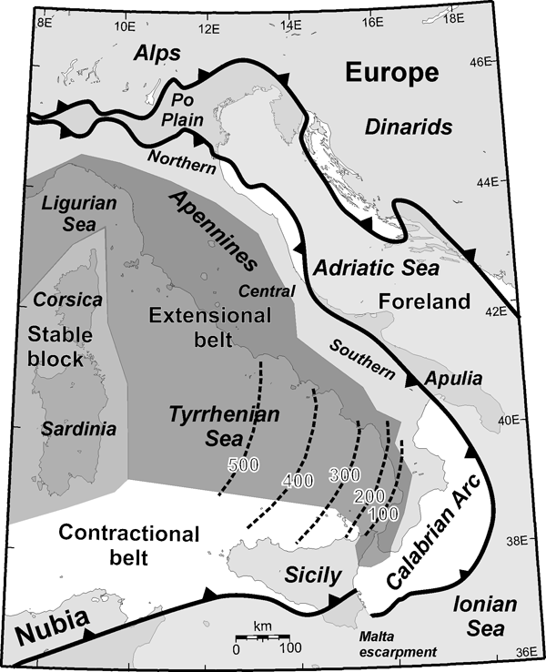 Major tectonic domains of Italy