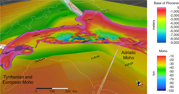 Base of Pliocene deposits and Moho surfaces (perspective view from SW)