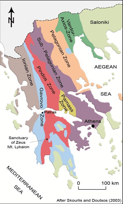 Map of tectonic provinces in Greece.