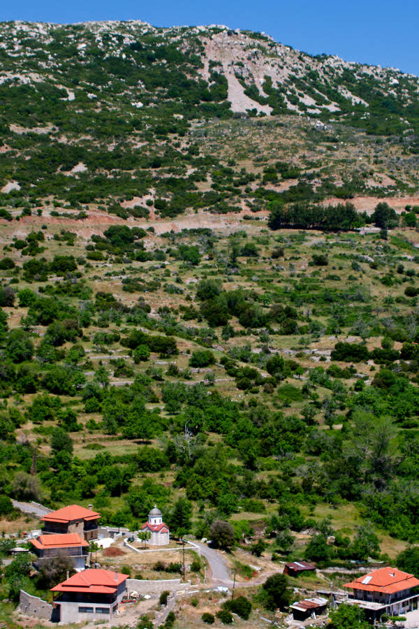 View from C-1 toward Ano Karyes and landslides above.