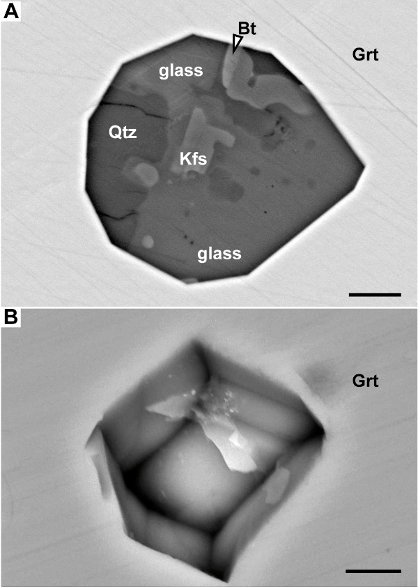 Examples of negative crystals in MI in garnet from the KKB (A) and the Ivrea Zone (B)