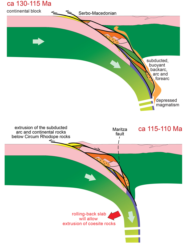 Tectonic interpretation across the Rhodope island arc in the Early Cretaceous.