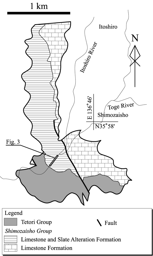 Geological map of Paleo-Mesozoic systems in the Shimozaisho area (after Konishi, 1954; Maeda, 1957)