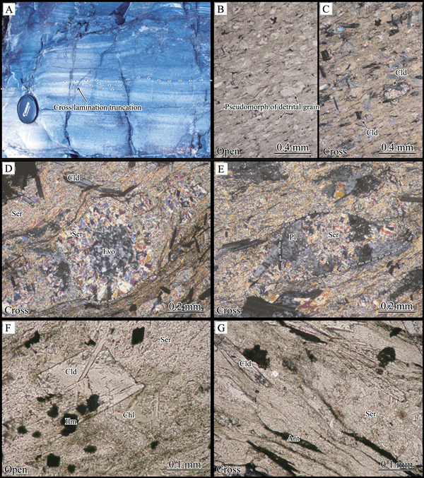 Photograph (A) and photomicrographs (B-G) of the Shimozaisho Al-rich metaclastic rocks.
