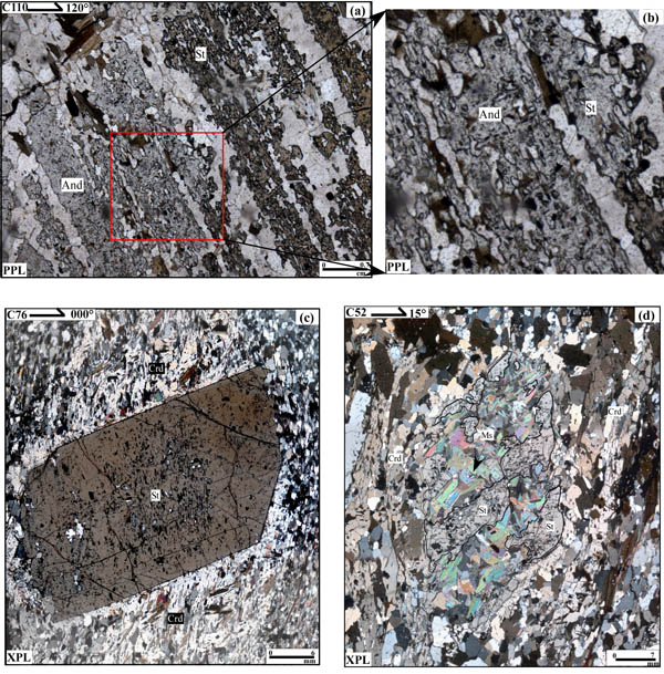 The photomicrographs show staurolite grains replaced by andalusite and mica