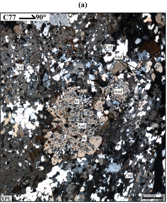 The photomicrograph shows andalusite blast replaced by cordierite