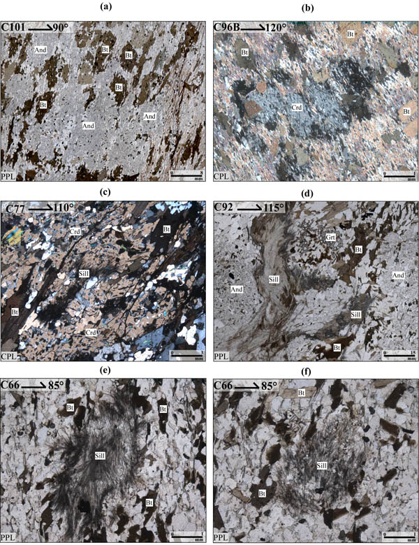 The photomicrographs show late andalusite and cordierite grains
