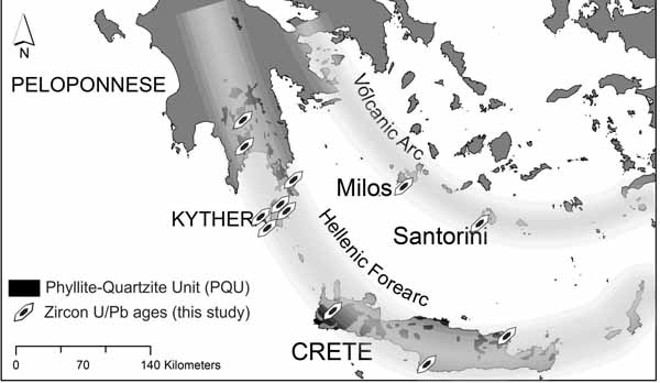 Distribution of zircon U/Pb samples in the Phyllite-Quartzite Unit of Peloponnese, Kythera, Crete, Santorini, and in the Cyclades blueschist of Milos.