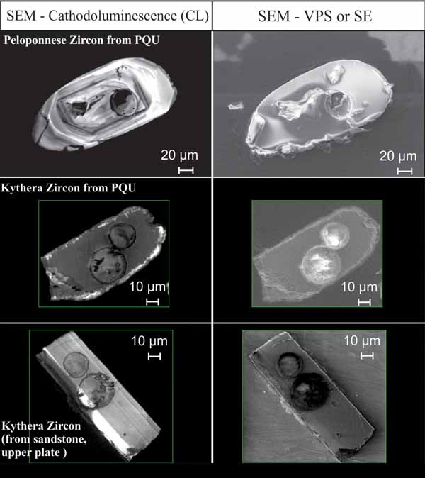Cathodoluminesence (CL), variable pressure (VPS) images of zircon from selected Aegean samples.