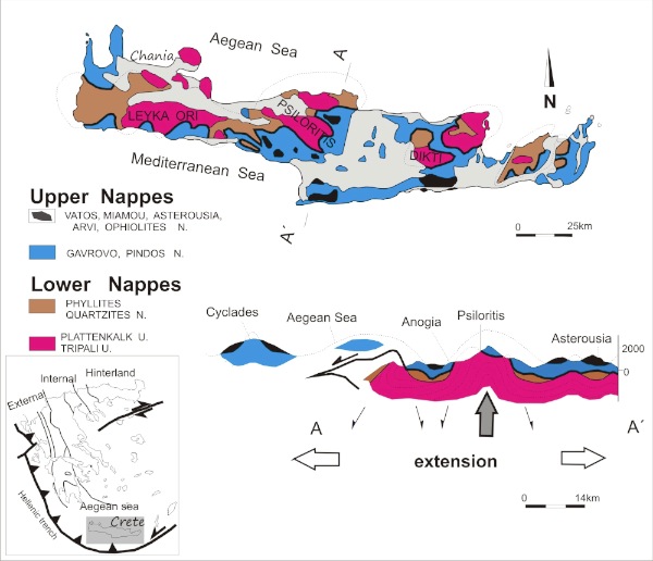 Geological map indicating the tectonic lower and upper nappes of the Crete nappes pile