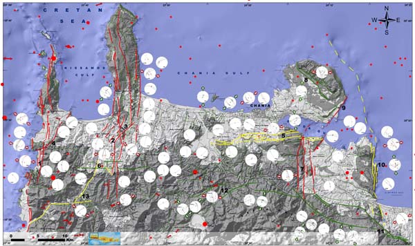 Seismotectonic map of faults and surface earthquakes’ epicenters of Western Crete.