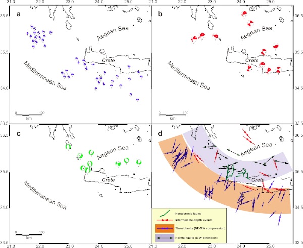Regional focal mechanisms in the broader SW Aegean area compiled from several published sources