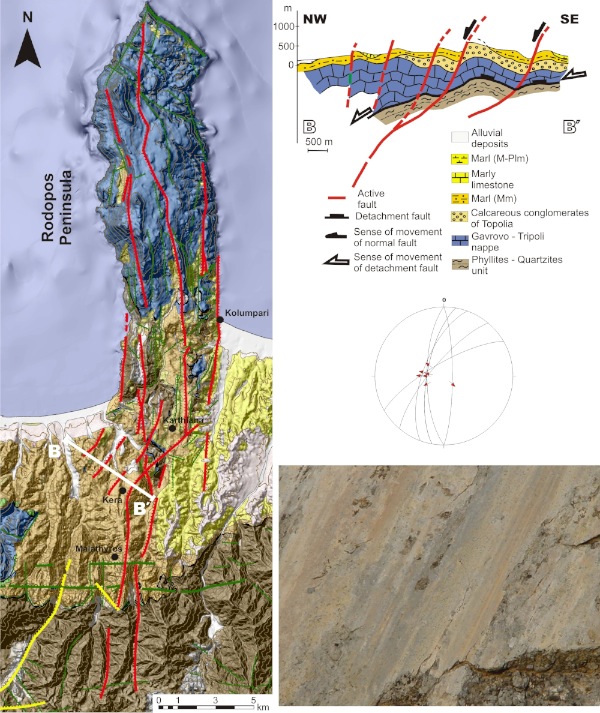 Neotectonic-geological map and geological cross-section of the Malathiros-Rodopos fault zone