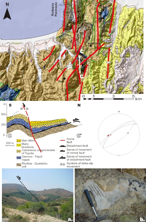 Neotectonic-geological map and geological cross-section of the Kera-Karthiana fault zone