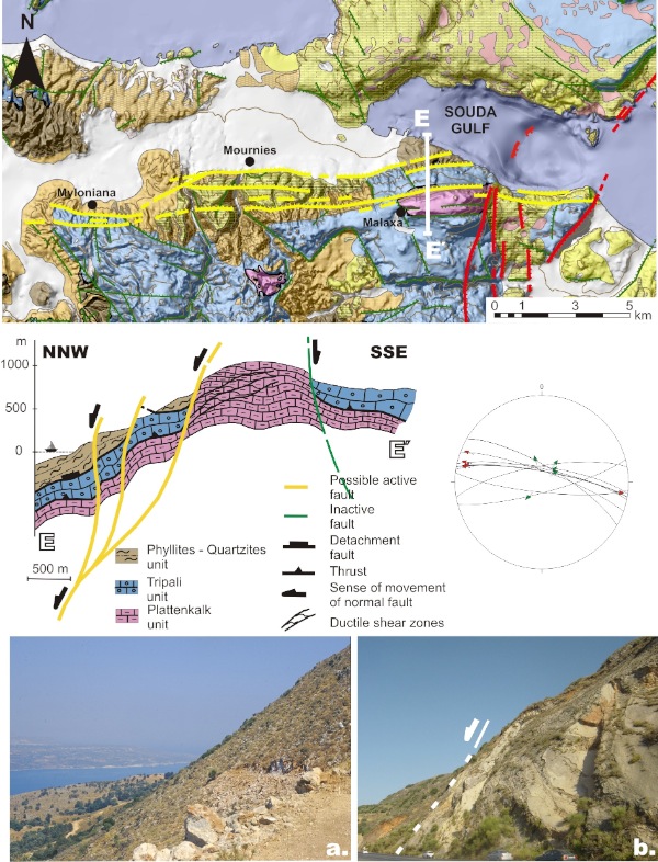 Neotectonic-geological map and geological cross-section of the Malaxa - Souda’s Gulf fault zone