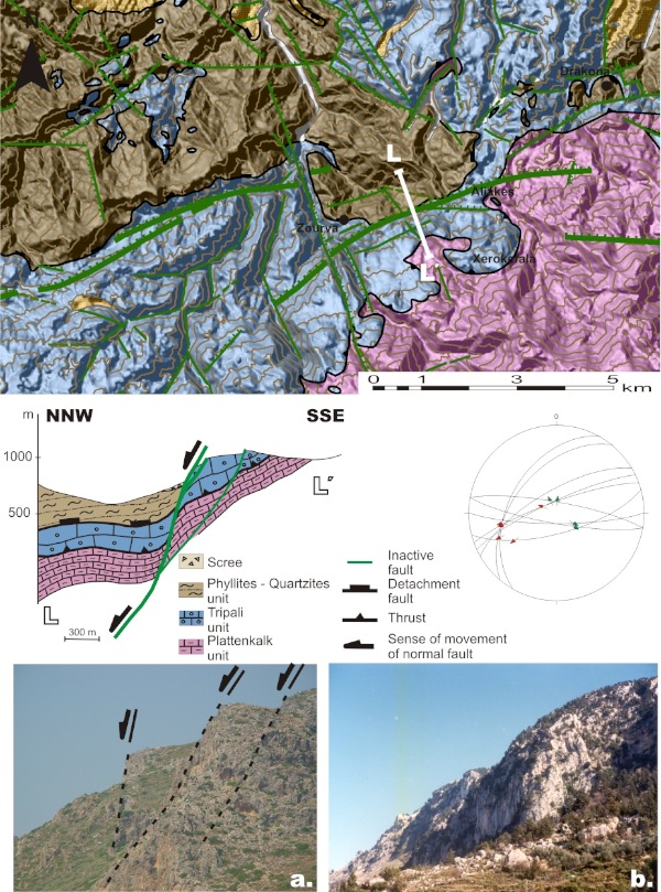 Neotectonic-geological map and geological cross-section of the Zourva fault zone