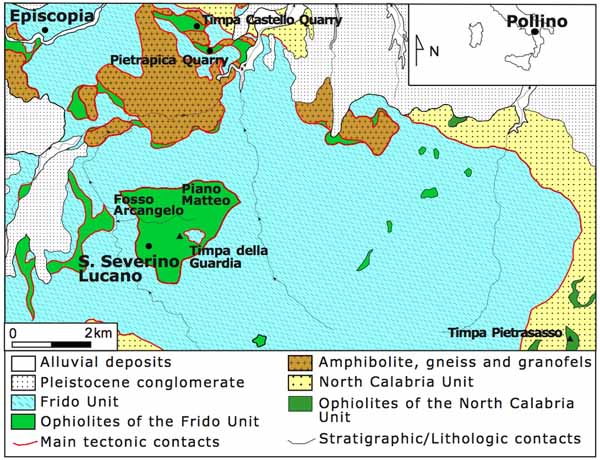 Simplified geological map of the study area (see text), modified after Monaco et al. (1995).