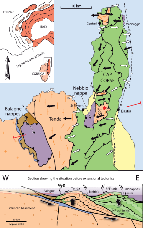 Tectonic map and regional cross-sections of northern Corsica