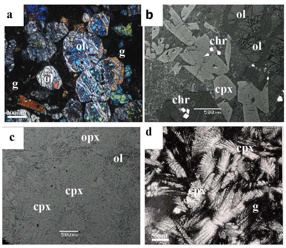 Photomicrographs (2a, d) and back-scattered electron (BSE) images (2b,c) from ultramafic lavas from the Agrilia Formation (2a,b) and high-Mg basalts from the Pournari area (2c,d), Othrys ophiolite complex.