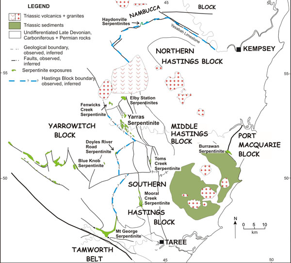 Simplified map of the serpentinite outcrops in the Hastings Block portion of the Southern New England Orogen.