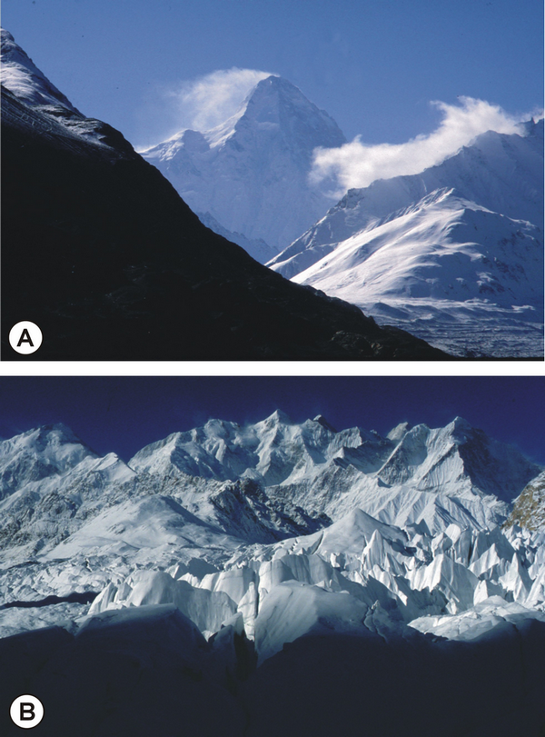 A) The north face of K2. B) The north face of the Gasherbrum range.