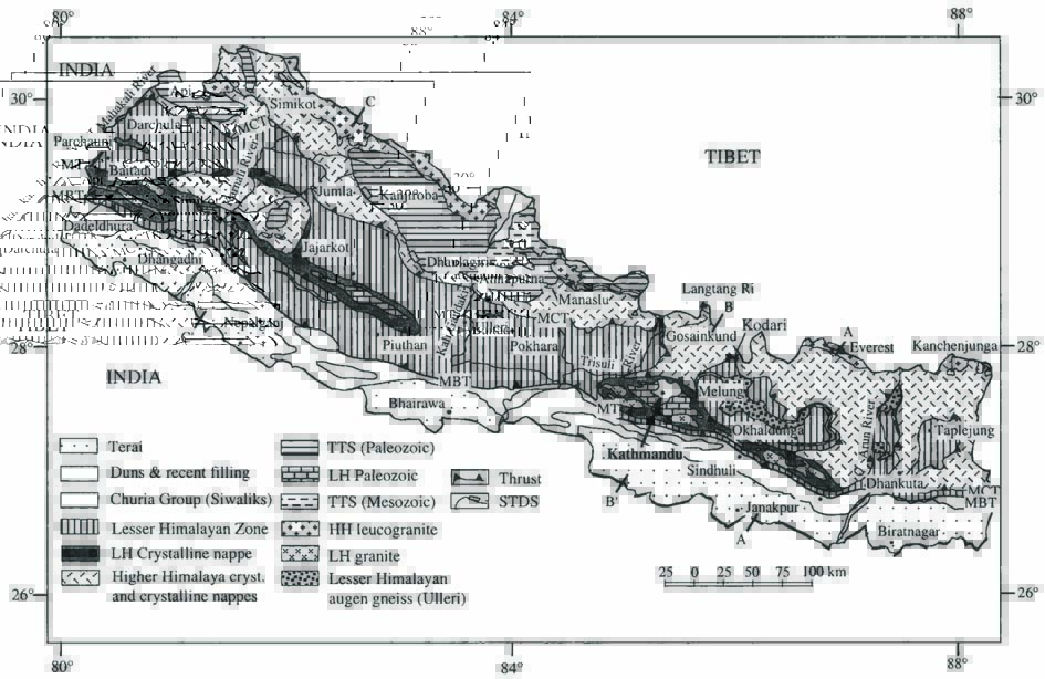 Geological map of Nepal from Upreti (1999)