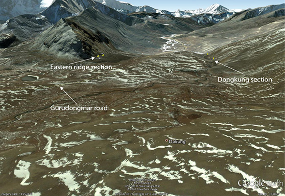 Google Earth image looking south down the valley towards Thangu (out of view)